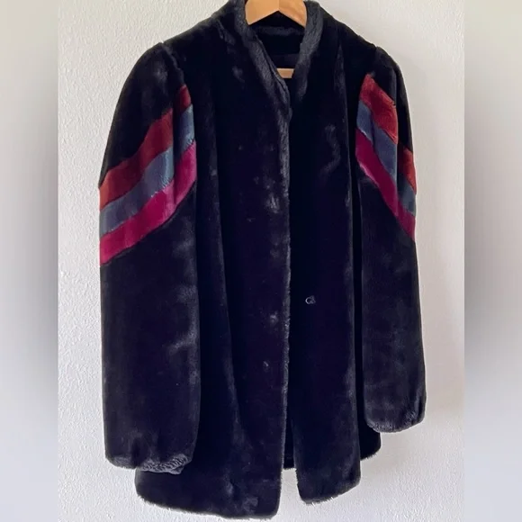 Vintage 80s Black Faux Fur Teddy Coat Colorblock Stripe Size Medium - Picture 3 of 12